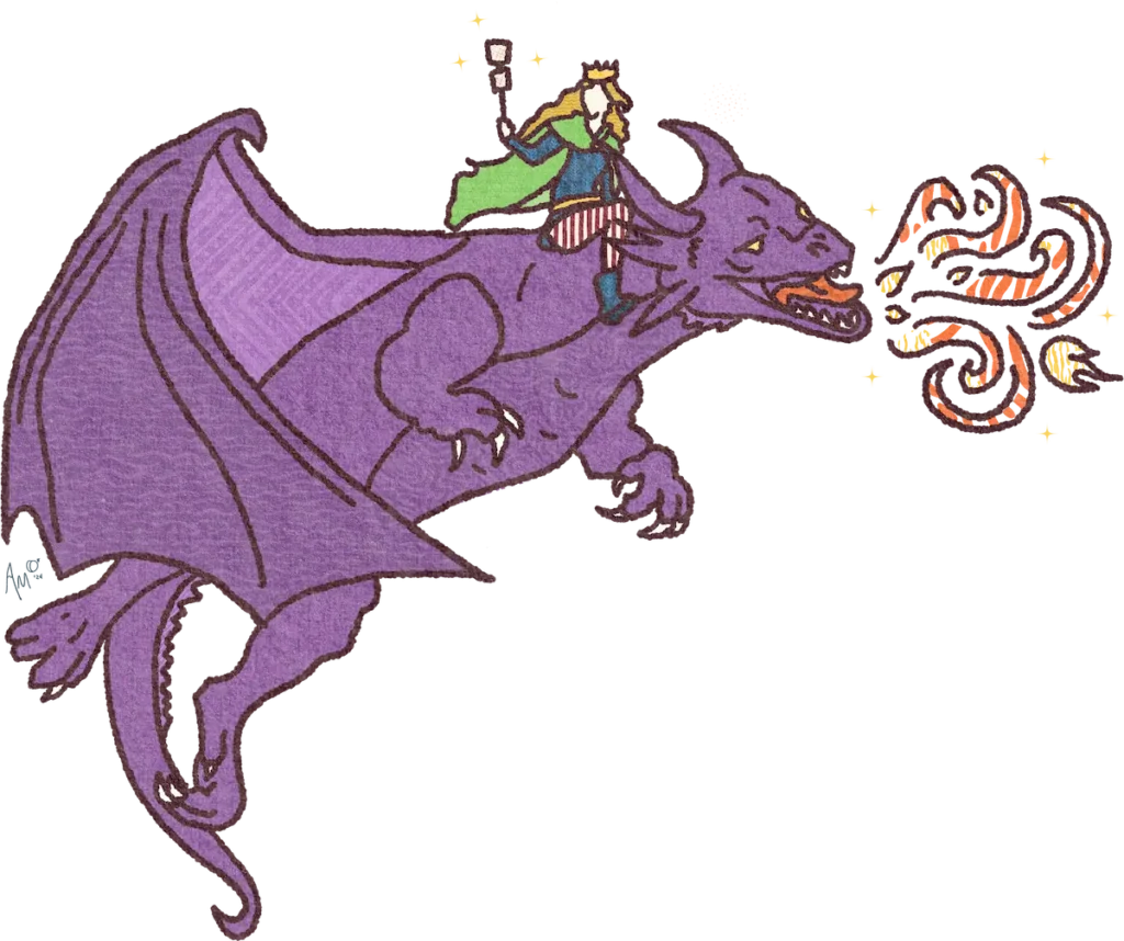 Can We Make Peace with Creative Resistance? 1 making friends with creative resistance – a handmade drawing of a woman wearing a crown riding a purple fire-breathing dragon, holding a stick-wand of roasted marshmallows